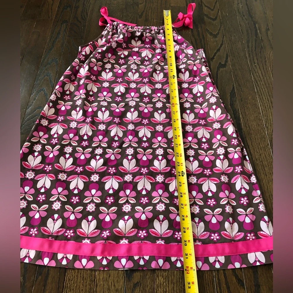 Hanna Andersson Girls 12 (150cm) Brown w/Pink Flowers Ruched Halter Shift Dress - Picture 4 of 11